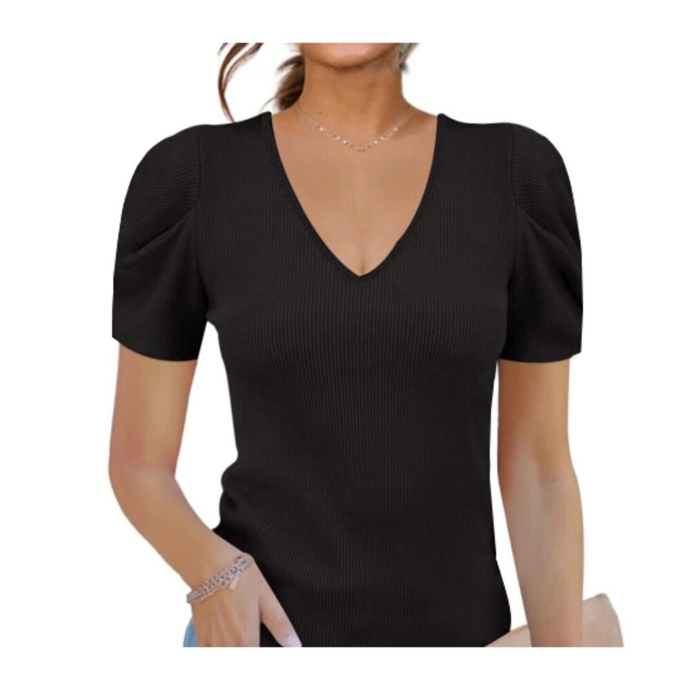 Vibe Vicky Top Black V-Neck Puff Princess Short Sleeve Ribbed Stretchy Blouse S